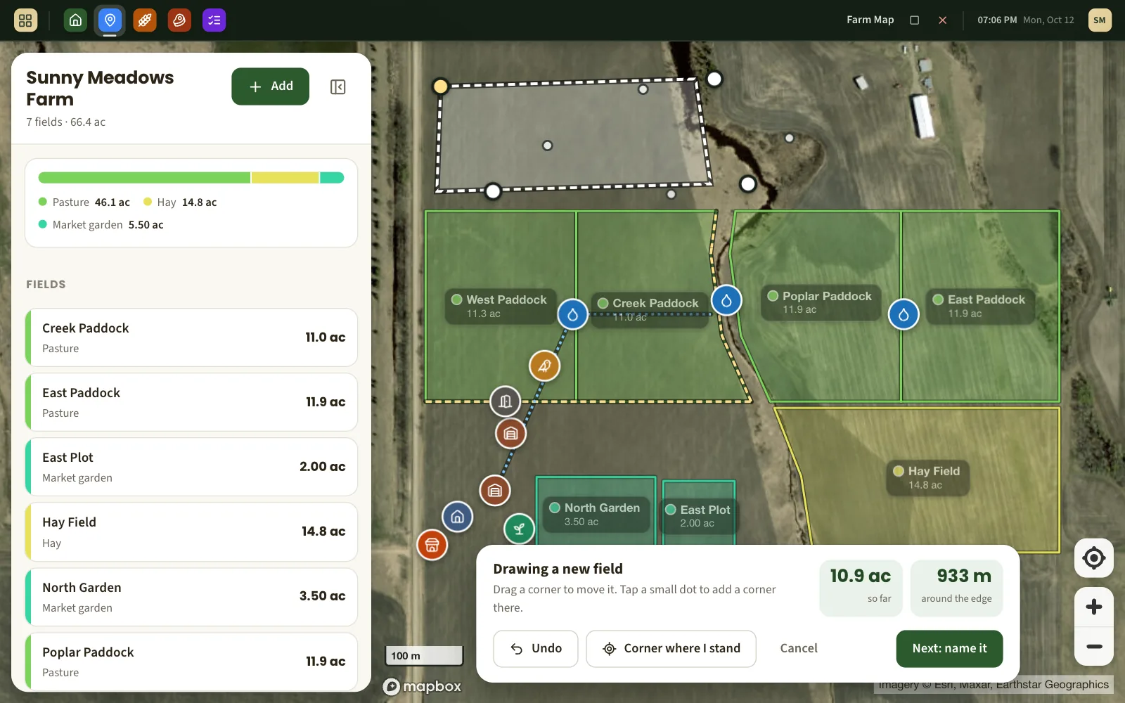 Drawing a field on the map: four corners placed, with 2.71 acres and 454 metres around the edge shown as it is drawn