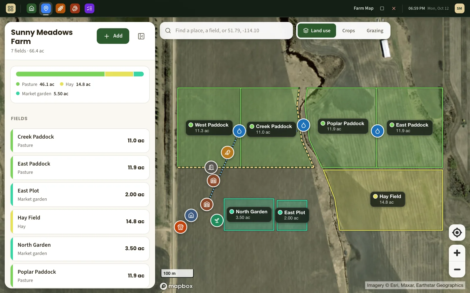 A farm drawn on satellite imagery with seven fields, each labelled with its name and acres, beside a list of the fields and a bar showing acres by land use