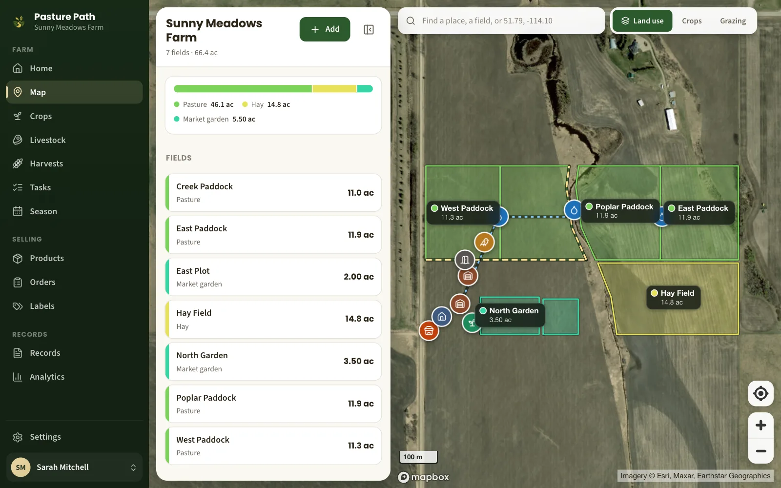 Pasture Path's farm map: paddocks either side of a creek, a hay field and garden plots drawn on satellite imagery, with a list of fields and their acres