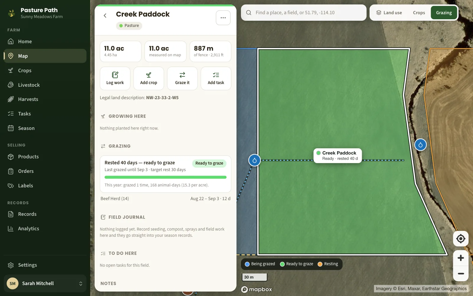 One paddock selected on the map, with its acres, fence length, grazing rest days and field journal beside it