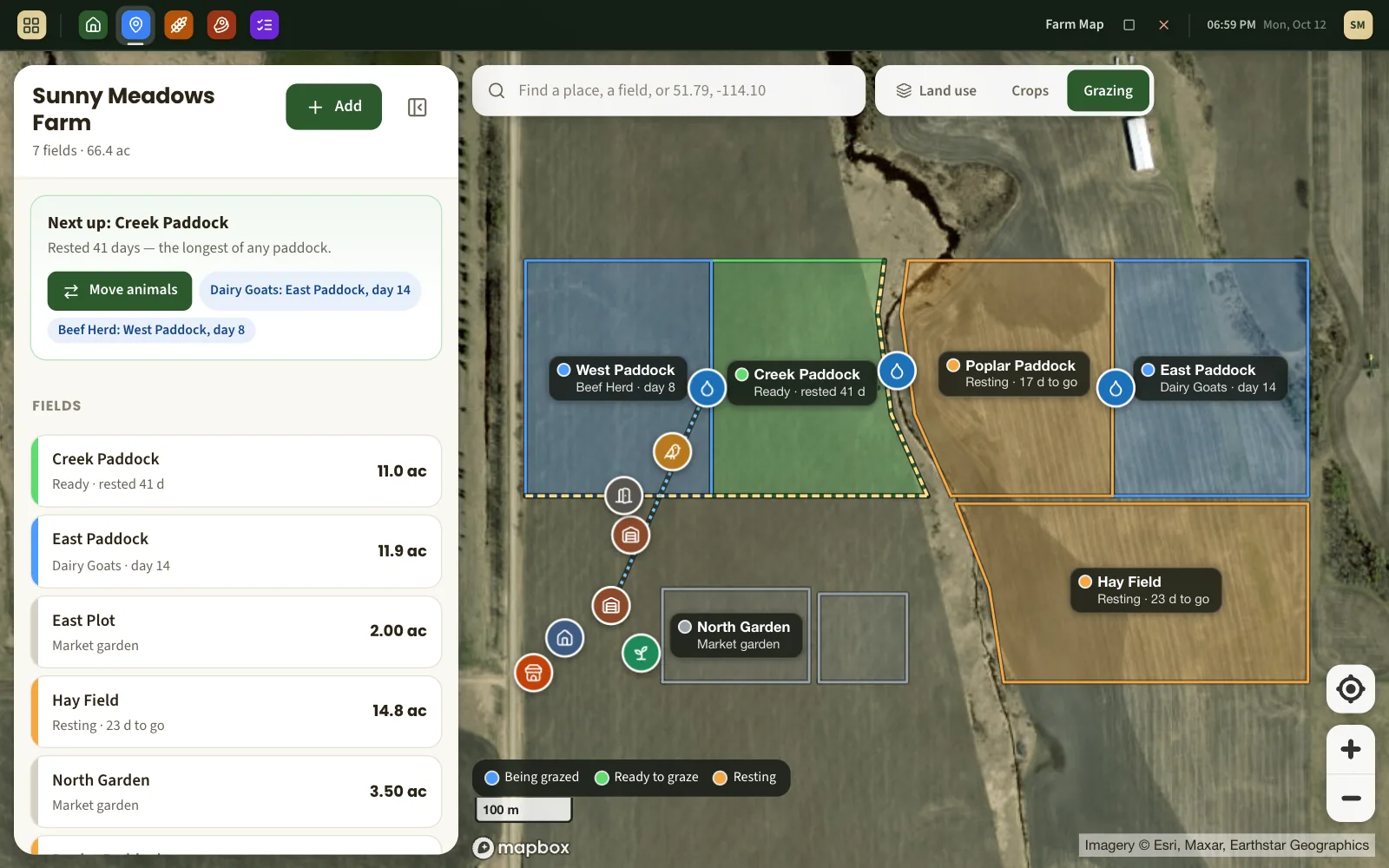The farm map coloured by grazing status, with paddocks being grazed, resting and ready to graze