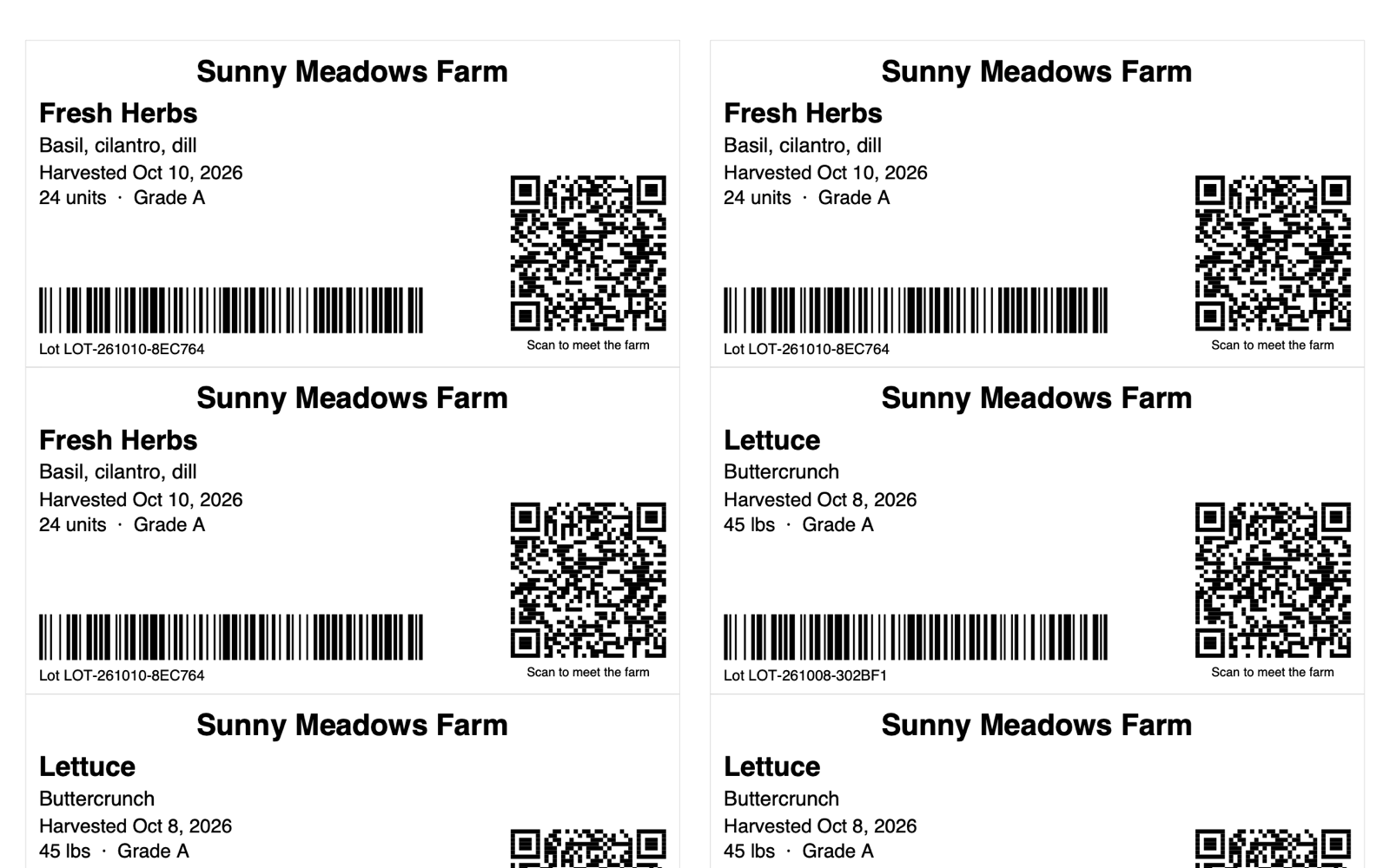 A sheet of harvest labels with farm name, crop, harvest date, lot barcode and QR code