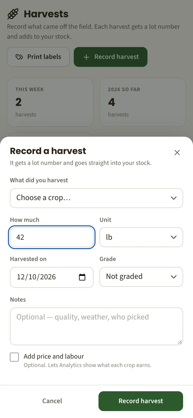 Recording a harvest on a phone: crop, quantity, unit and grade