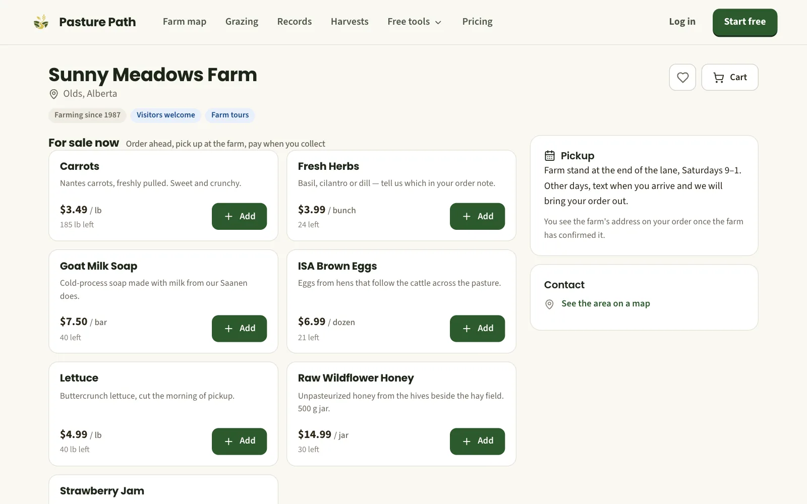 A farm's public page on Pasture Path with its story, pickup instructions and products for sale with prices